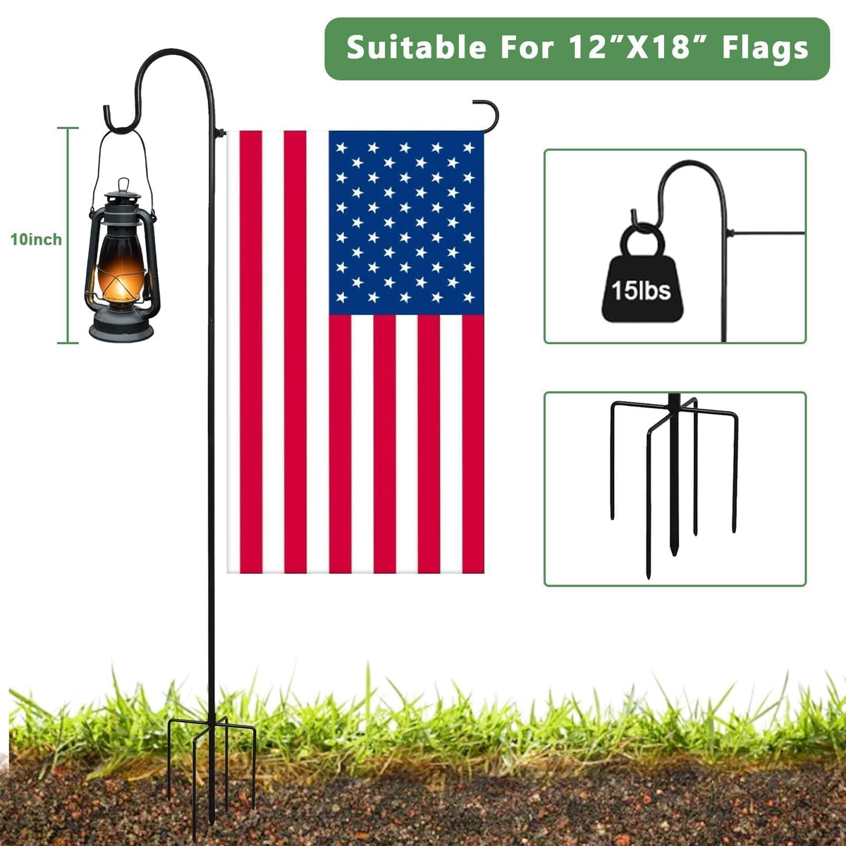 ESTTOP flag stand shown in a garden setup with baskets and lights.