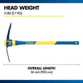 Estwing 36-inch fiberglass handle provides extended reach and steady handling.