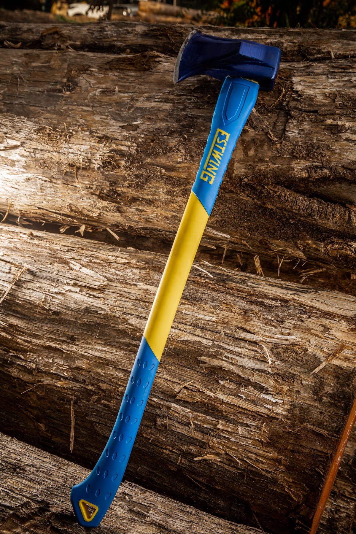 Estwing axe trimming and shaping wood using a balanced swing.