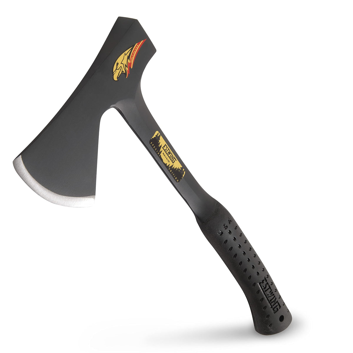 Estwing Camper's Axe with a 4-inch cutting edge for dependable camp wood cutting.