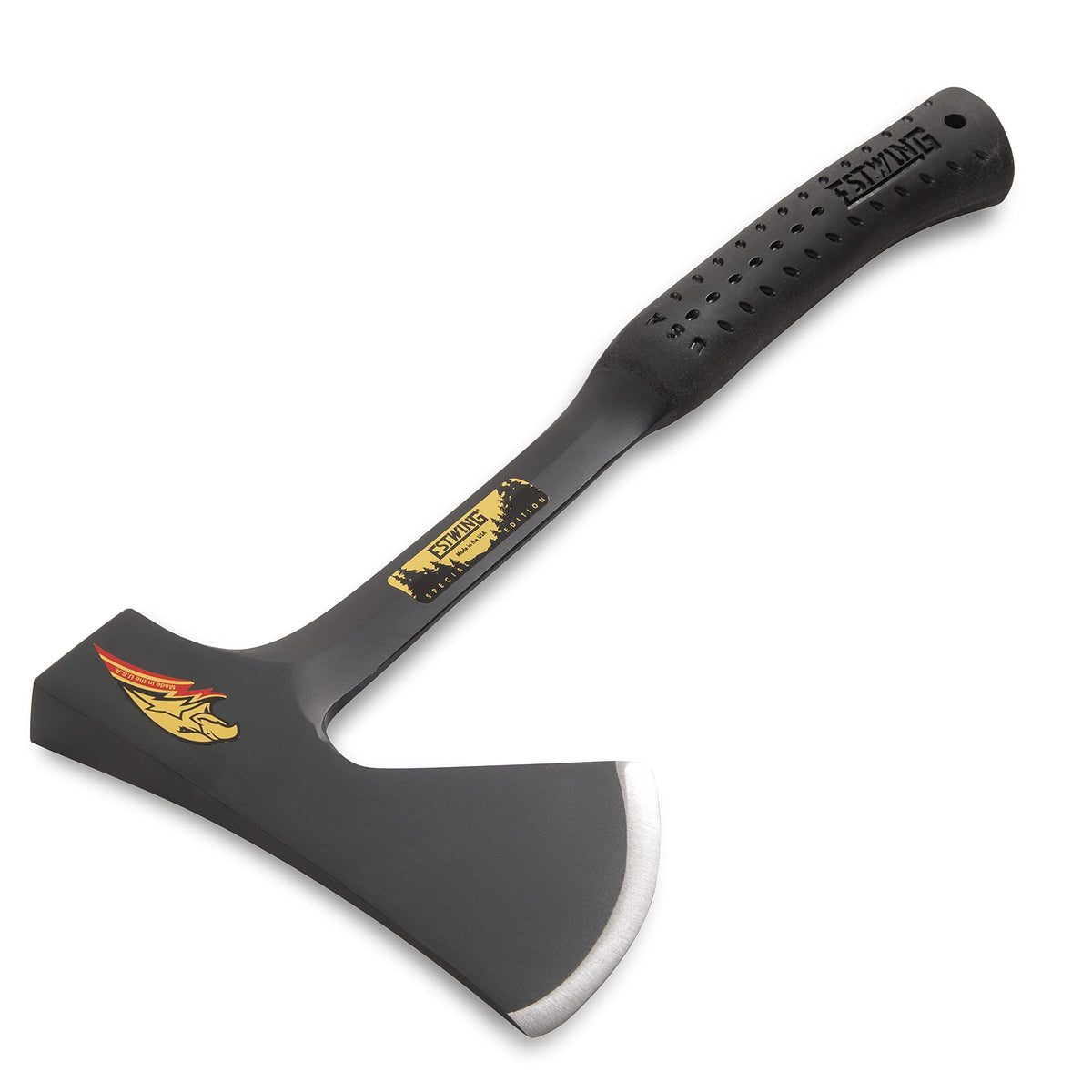 Estwing Camper's Axe featuring Shock Reduction Grip to minimize vibration for comfort.