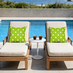 Eternal Beauty green polka-dot outdoor pillow cover back view maintains color consistency