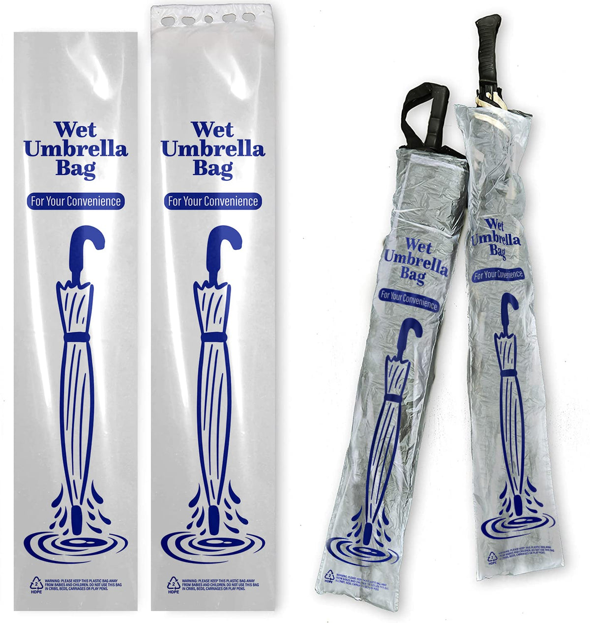EUCATUS heavy-duty umbrella bags 500pk protect floors by catching dripping umbrellas.