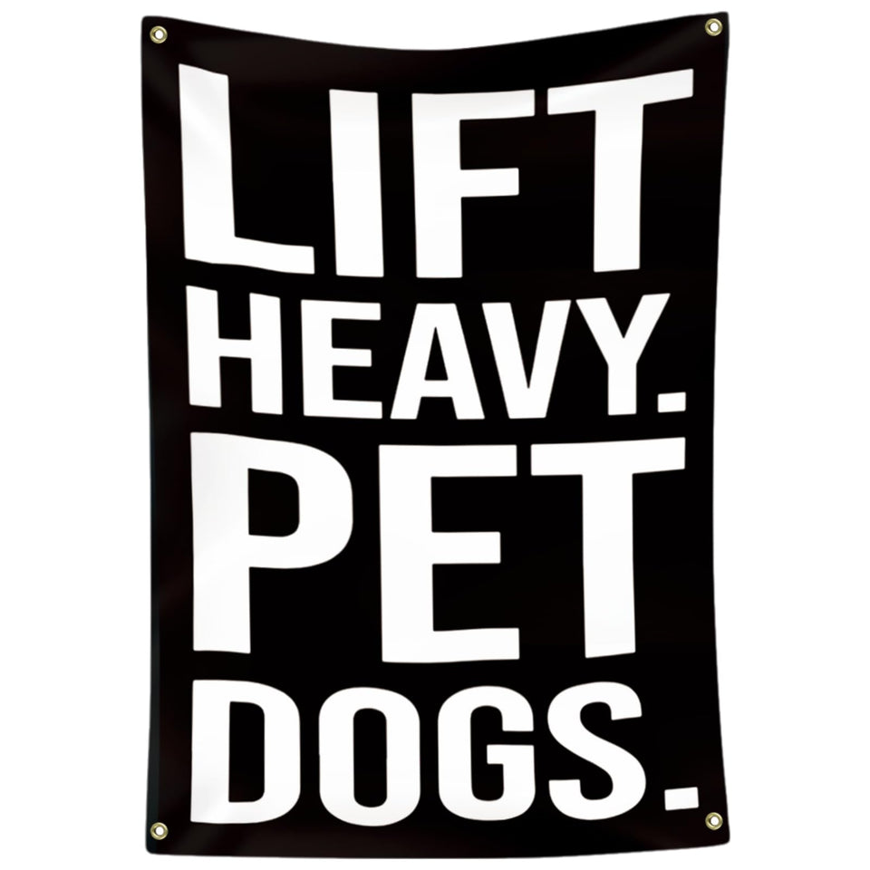 Eudaedom banner front view with LIFT HEAVY DOGS for gym motivation.