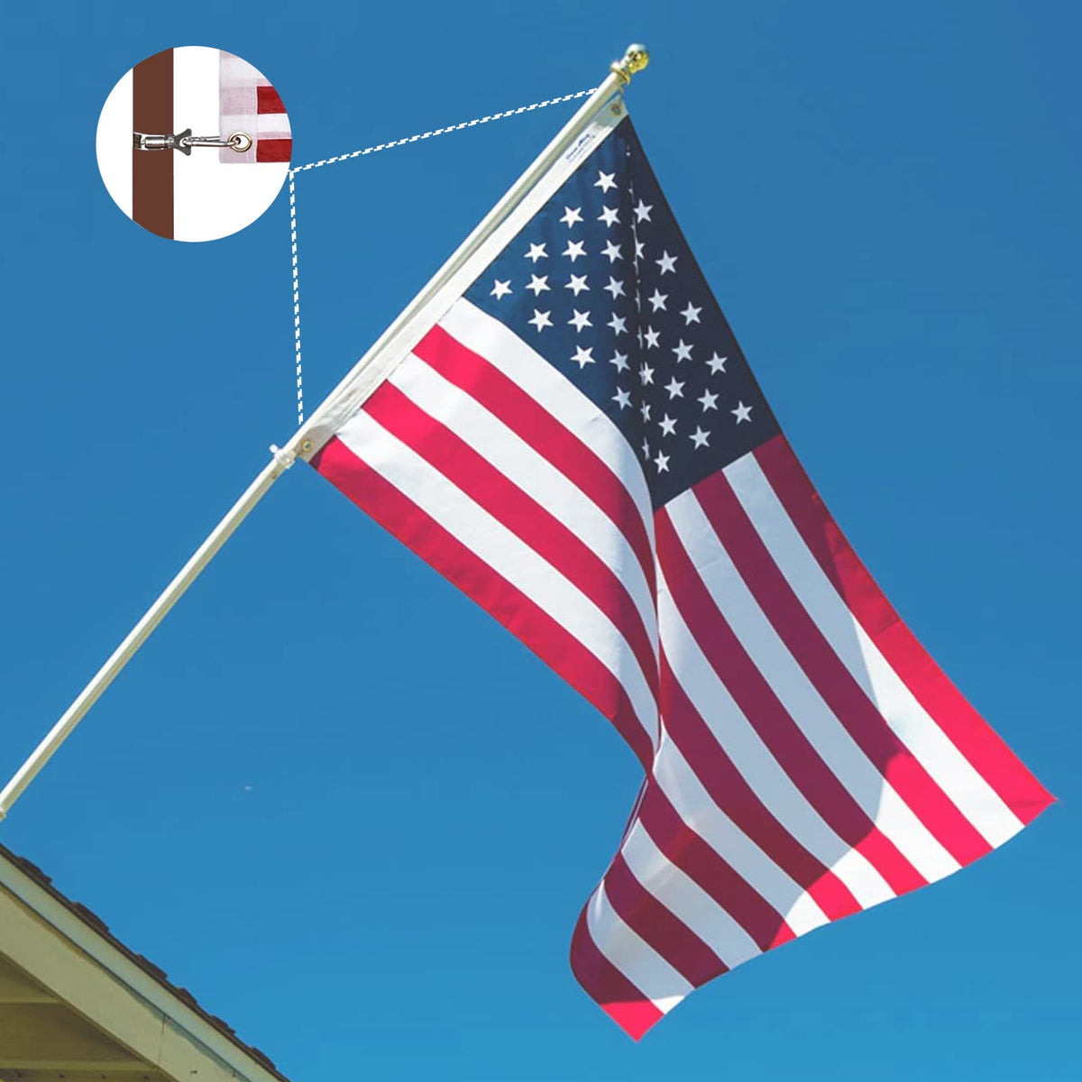 Eugzak flag clips attached to a garden flagpole outdoors