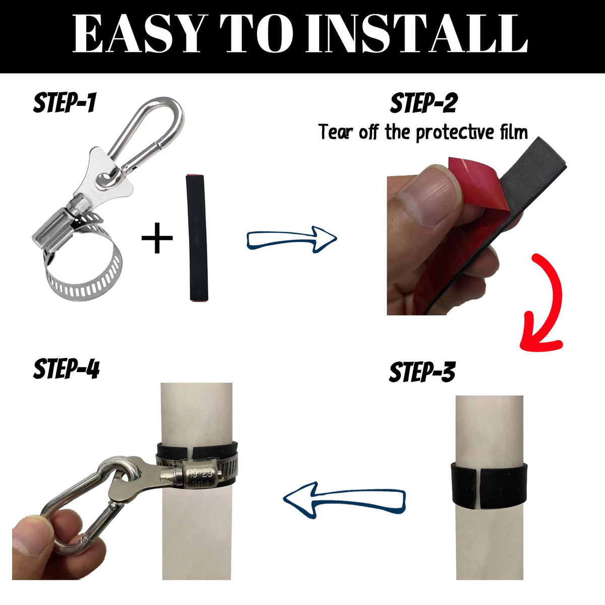 Eugzak stainless steel flag pole clips mounted on boat railing