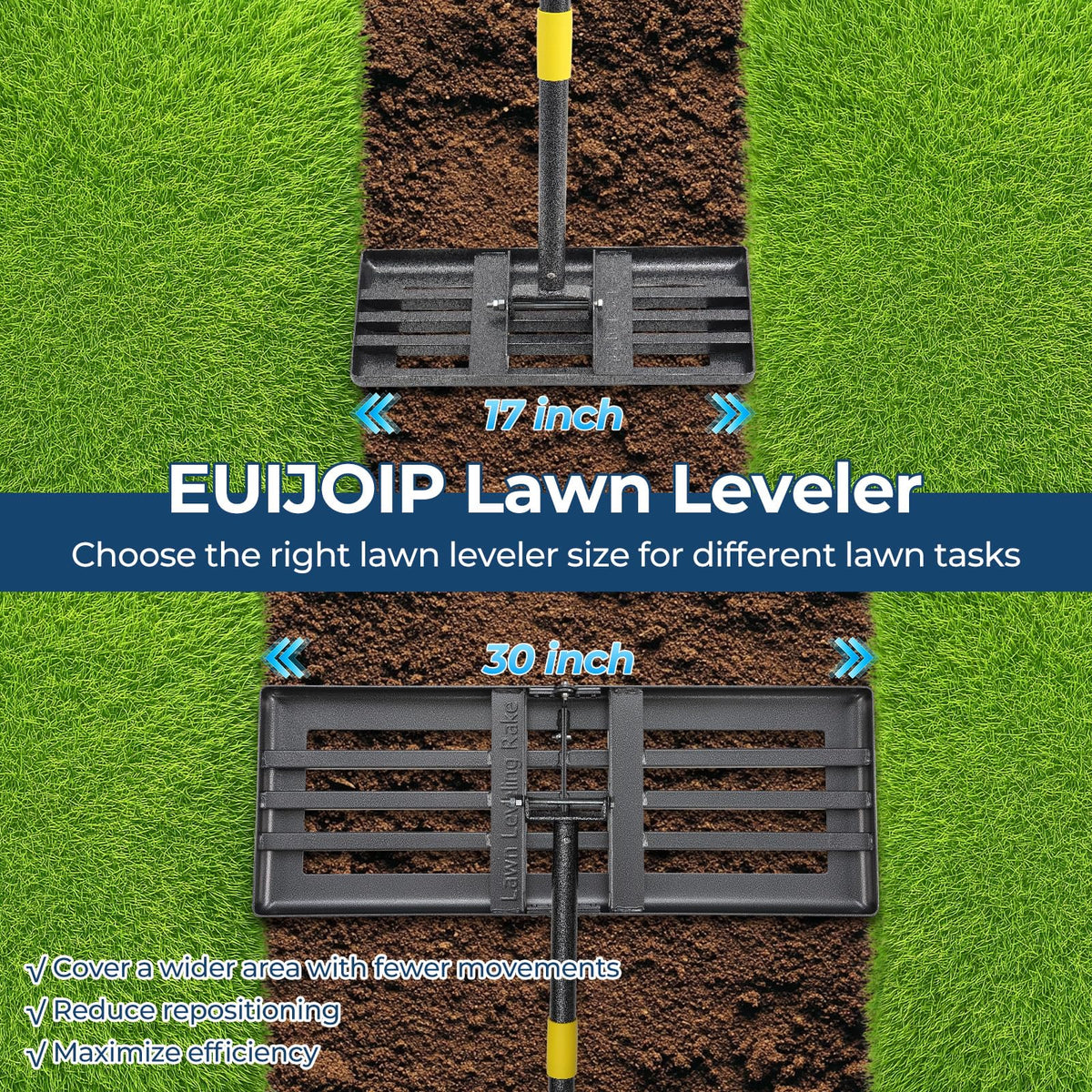 EUIJOIP lawn leveling rake with wall-mount holes for organized storage