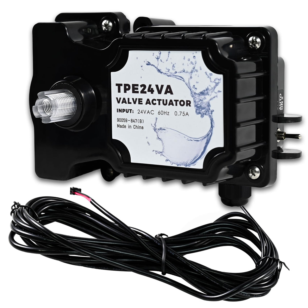 Euluese TPE24VA valve actuator dial shows universal 24VAC compatibility for pools.