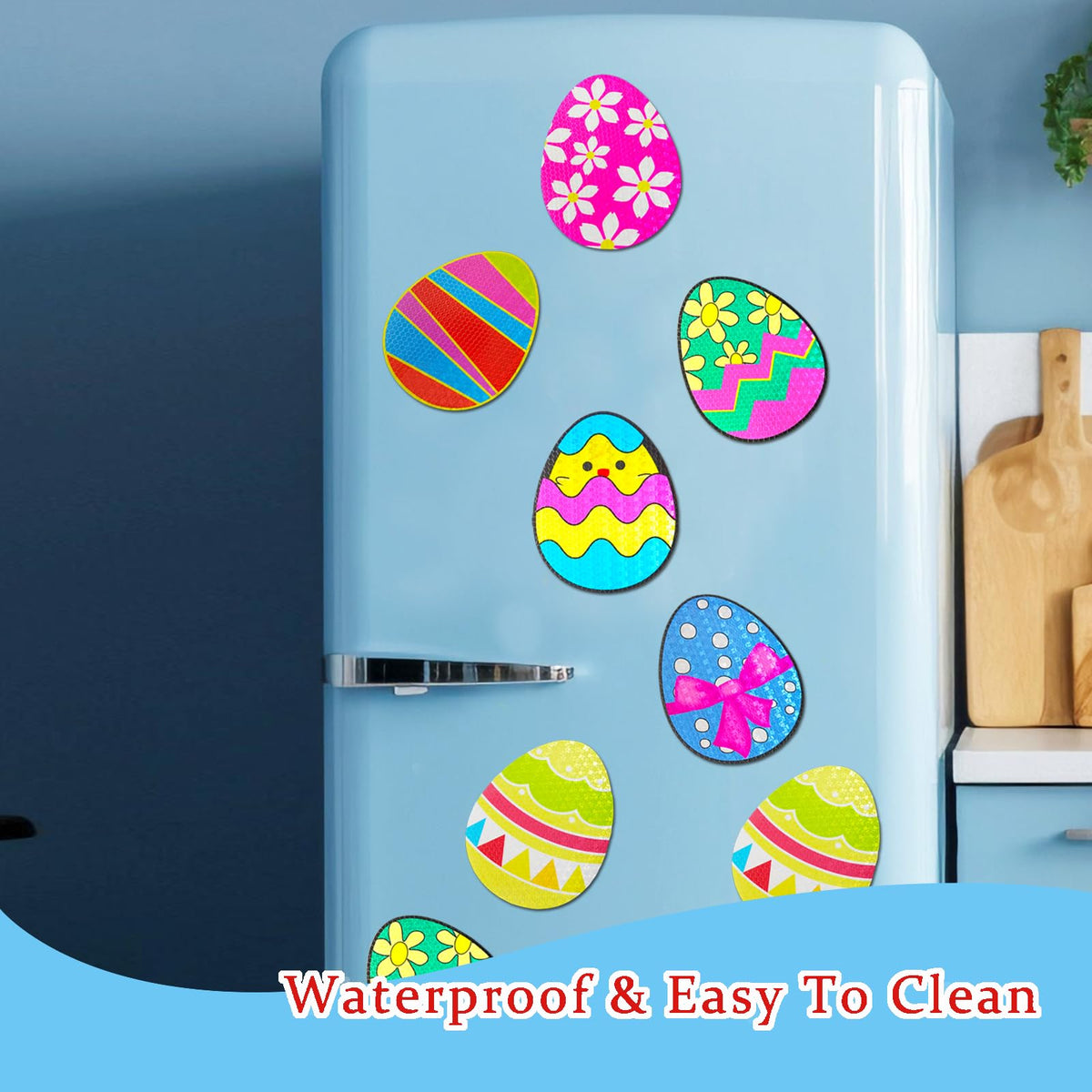 Euoloar Easter egg magnet on a metal front door with playful charm.