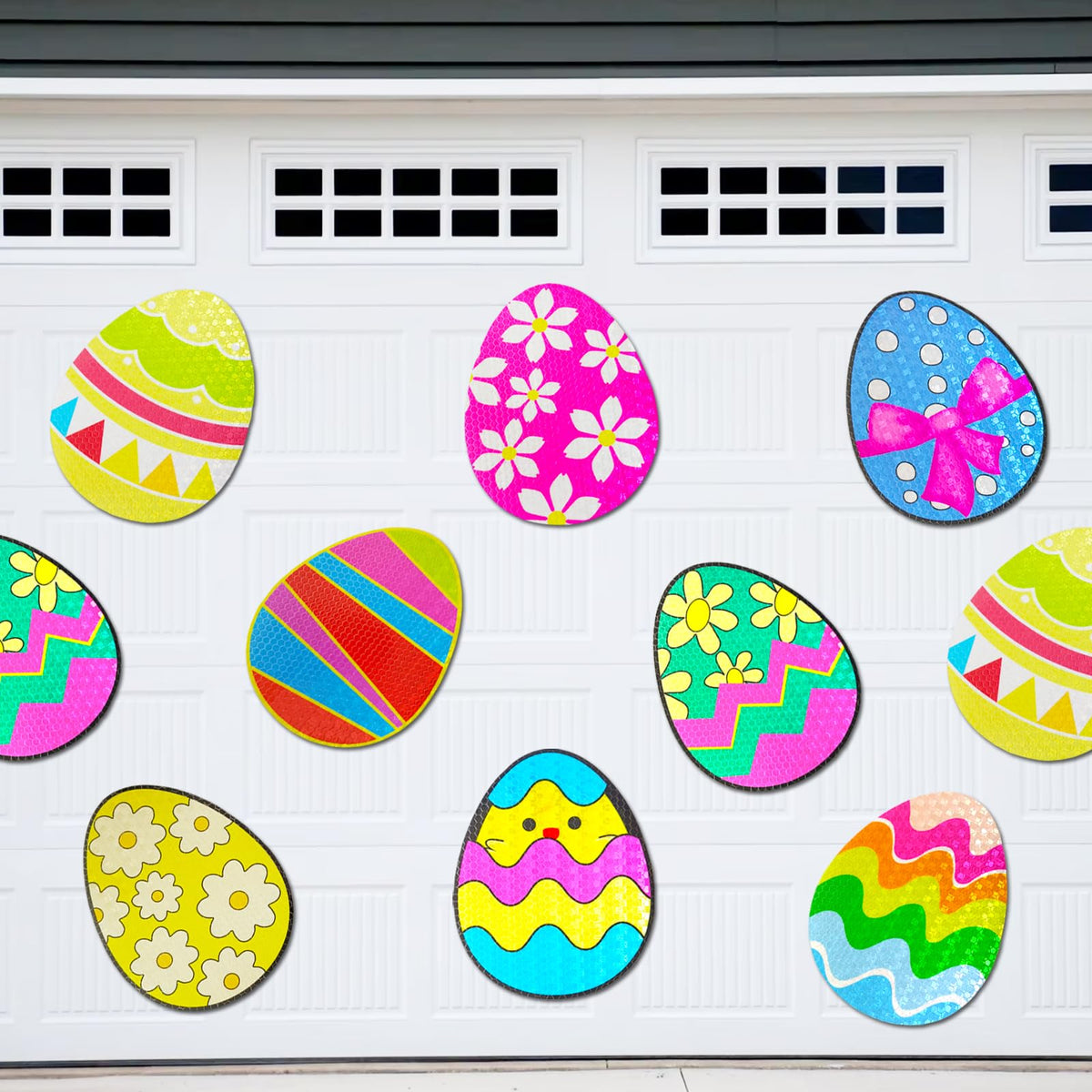 Euoloar Easter egg magnet on a metal garage door shows festive design for spring.