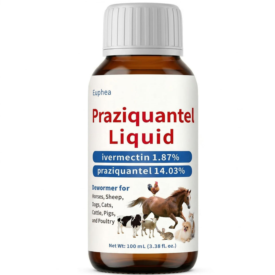 Euphea Praziquantel liquid bottle for broad parasite protection across multiple species