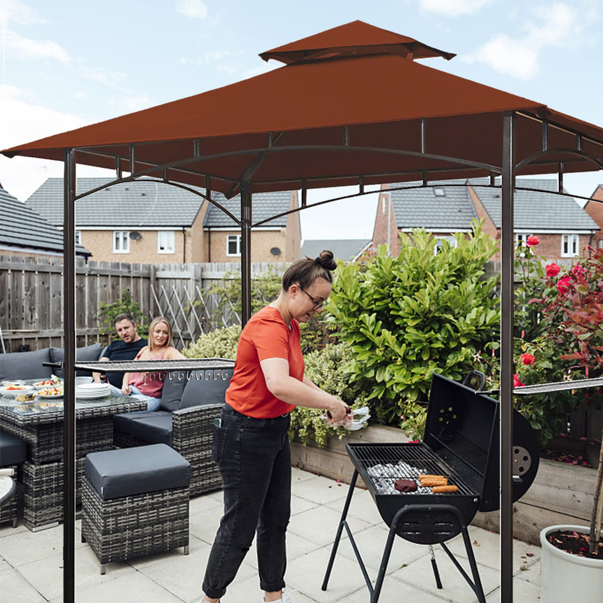 Eurmax rust red canopy fabric features water-repellent finish for light showers.