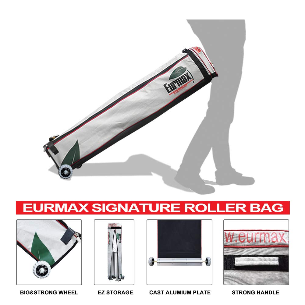 Eurmax sandbag weights stabilize the canopy without stakes on windy days.