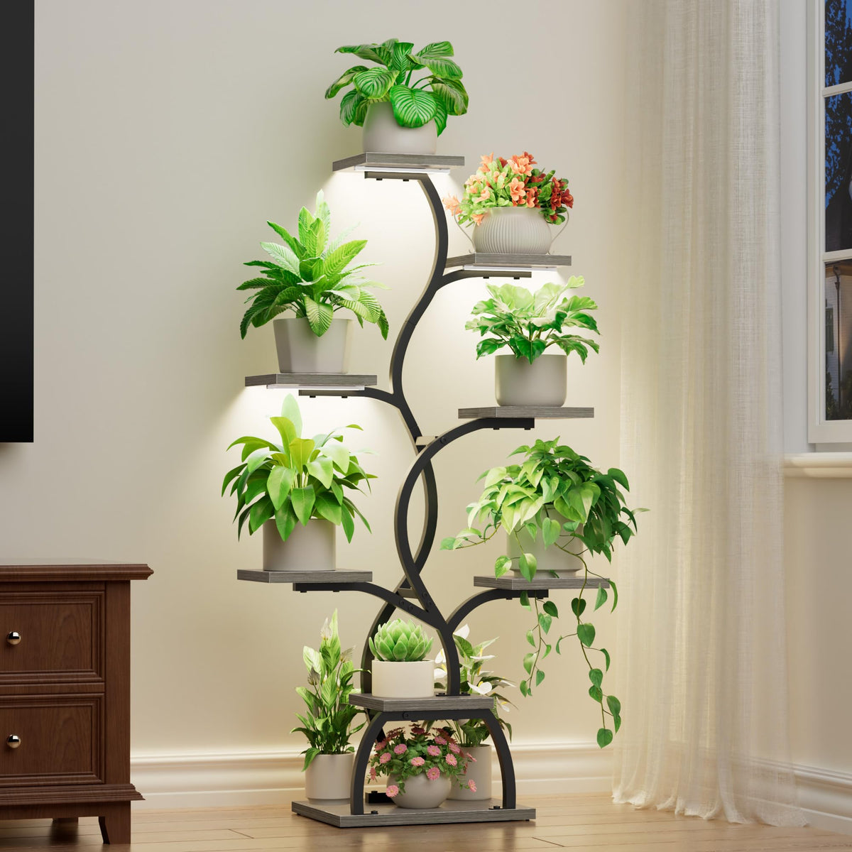EVAWOO plant stand with grow light highlighting vibrant indoor greens