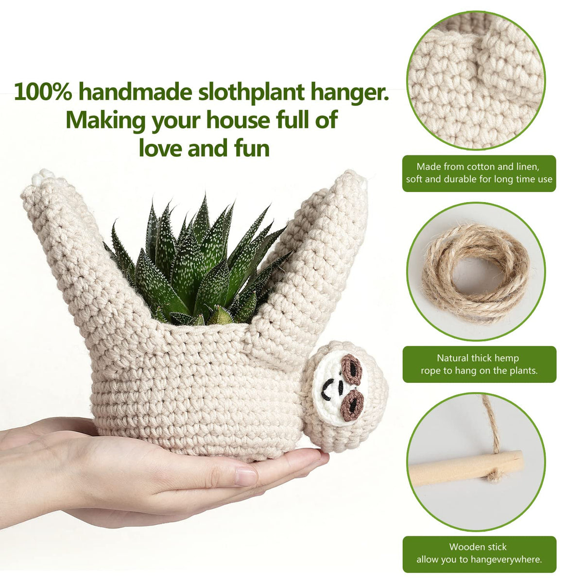 Evbopa sloth hanging planter closeup highlights soft fibers and tight knotwork.