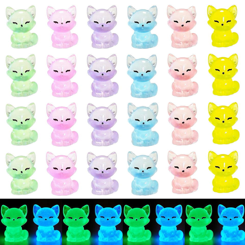 EVDERS 28Pcs glow-in-dark fox figurines for fairy garden dioramas.
