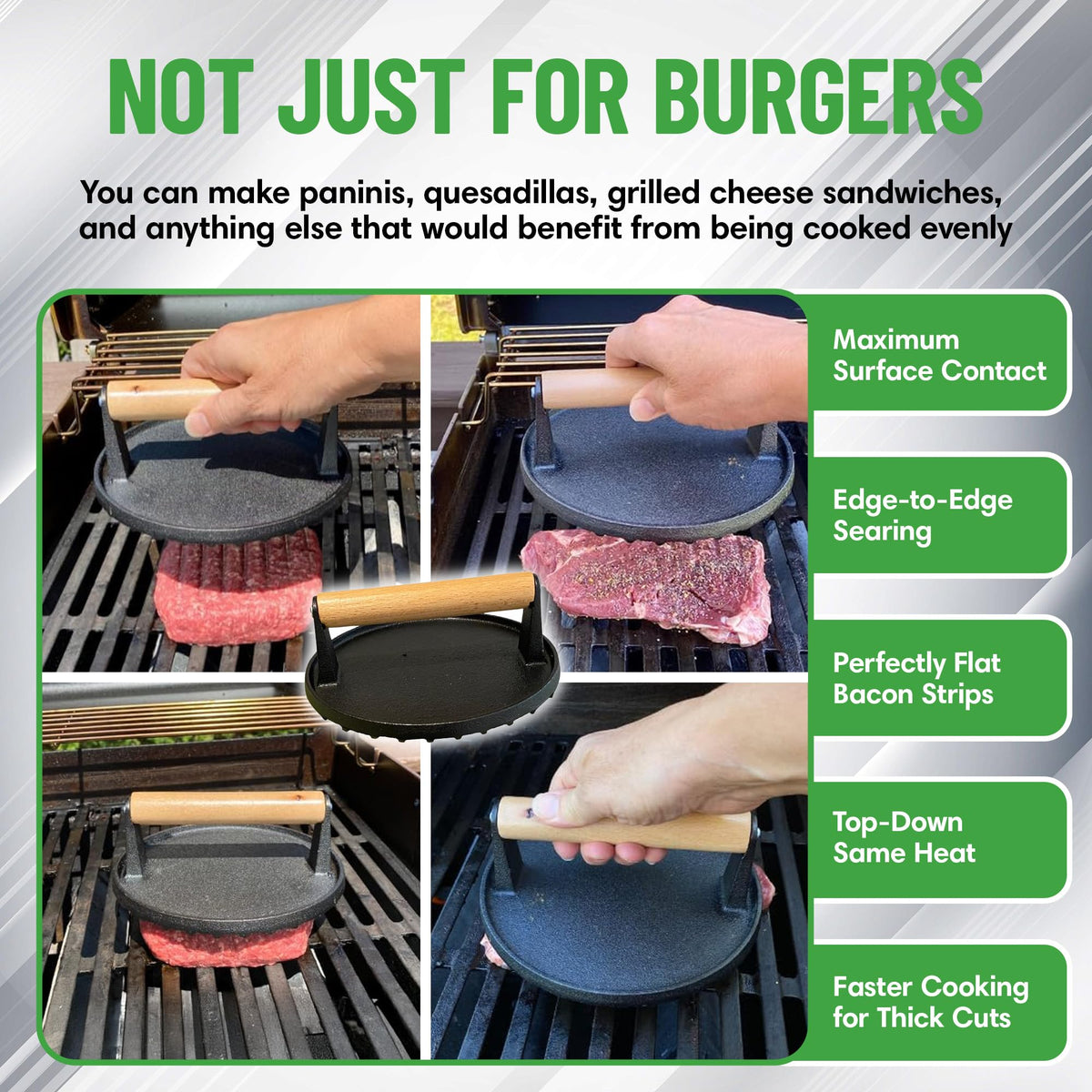 Evelots burger press cooks bacon evenly, reducing curling for a cleaner breakfast pan.