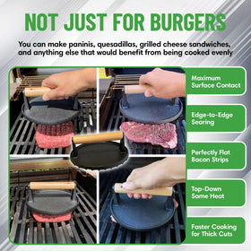 Evelots burger press cooks bacon evenly, reducing curling for a cleaner breakfast pan.
