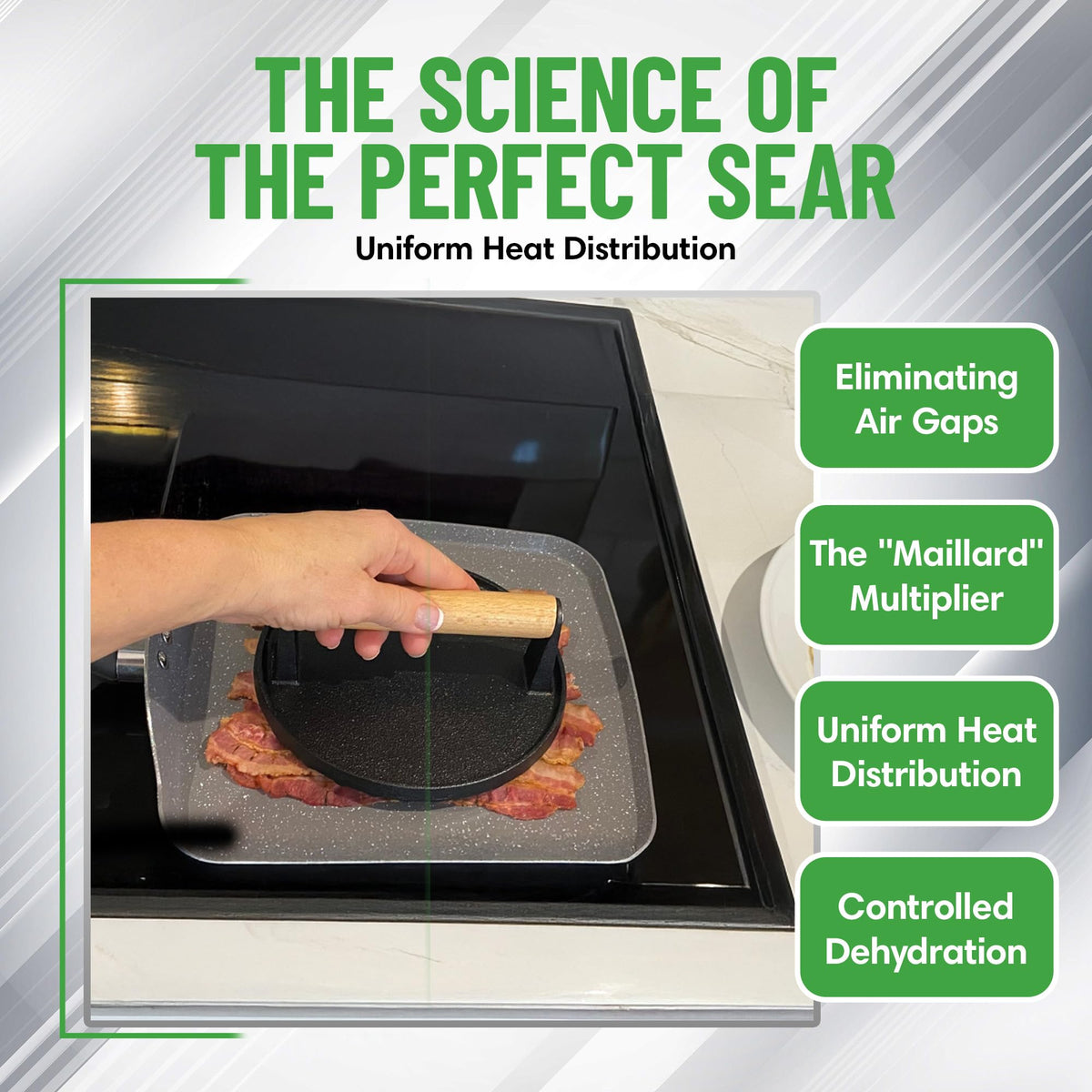 Evelots burger press creates professional grill marks on burgers for appetizing sear lines.