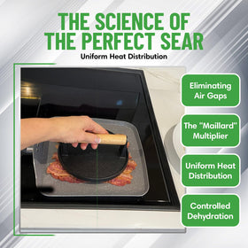 Evelots burger press creates professional grill marks on burgers for appetizing sear lines.