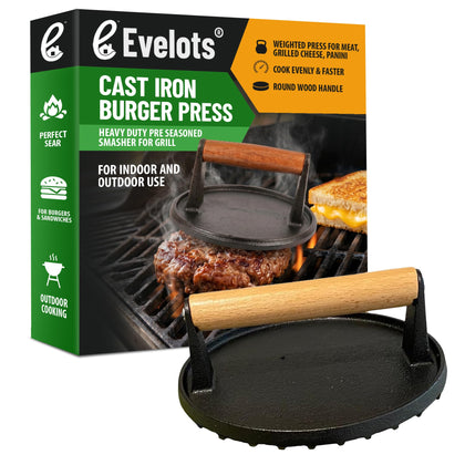Evelots cast iron burger press top view shows sturdy construction for even cooking.