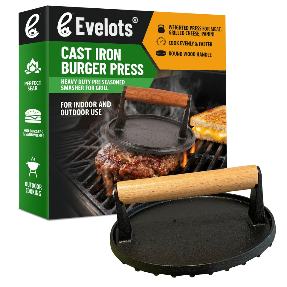 Evelots cast iron burger press top view shows sturdy construction for even cooking.