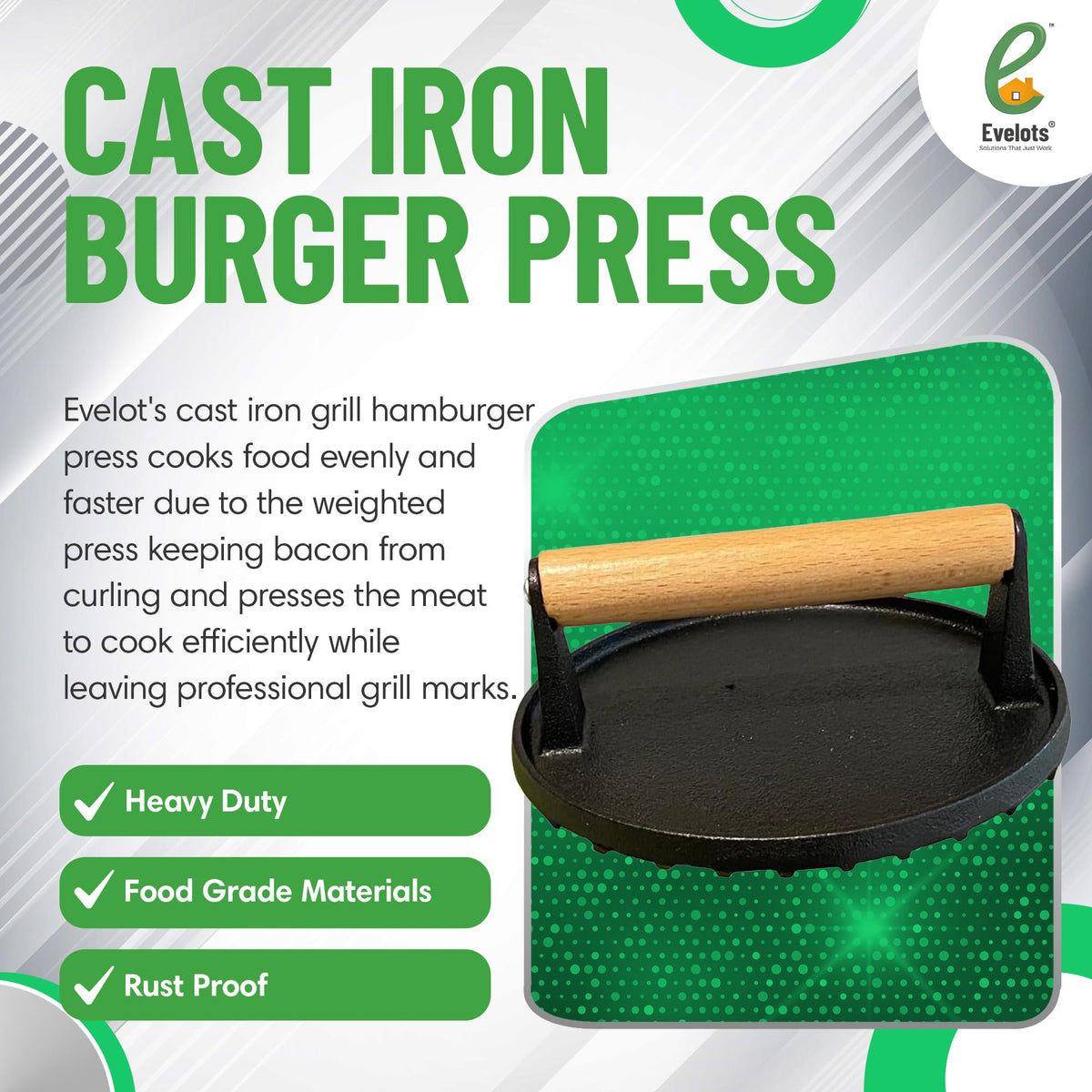 Evelots cast iron burger press with wooden handle provides comfortable grip during grilling.