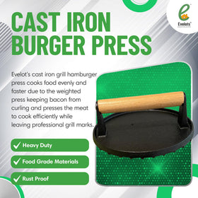 Evelots cast iron burger press with wooden handle provides comfortable grip during grilling.