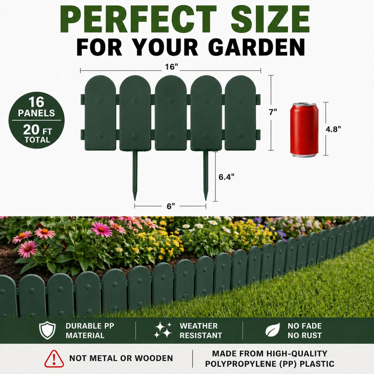 Evelyne green edging panels help prevent weed growth and define beds.