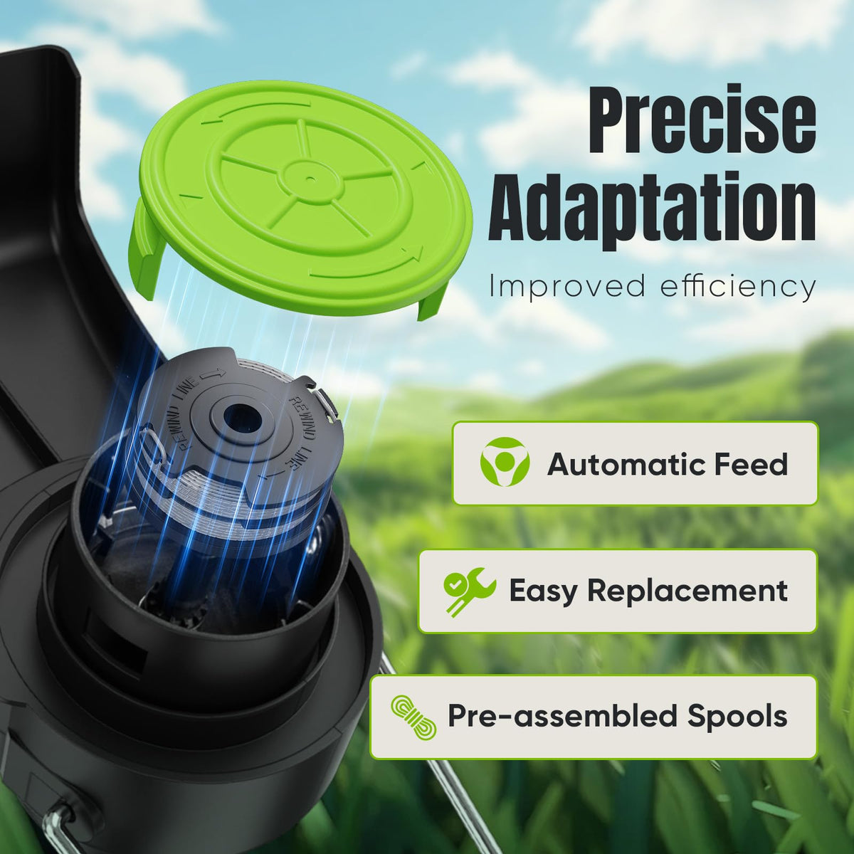 Eventronic 12 spools and 2 caps package extends lawn care options.