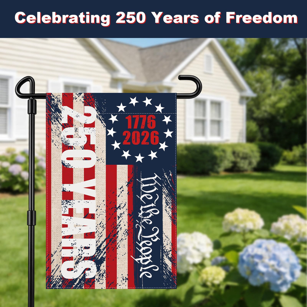 Eveqora 250th anniversary flag back view shows mirror-printed design for double-sided visibility.