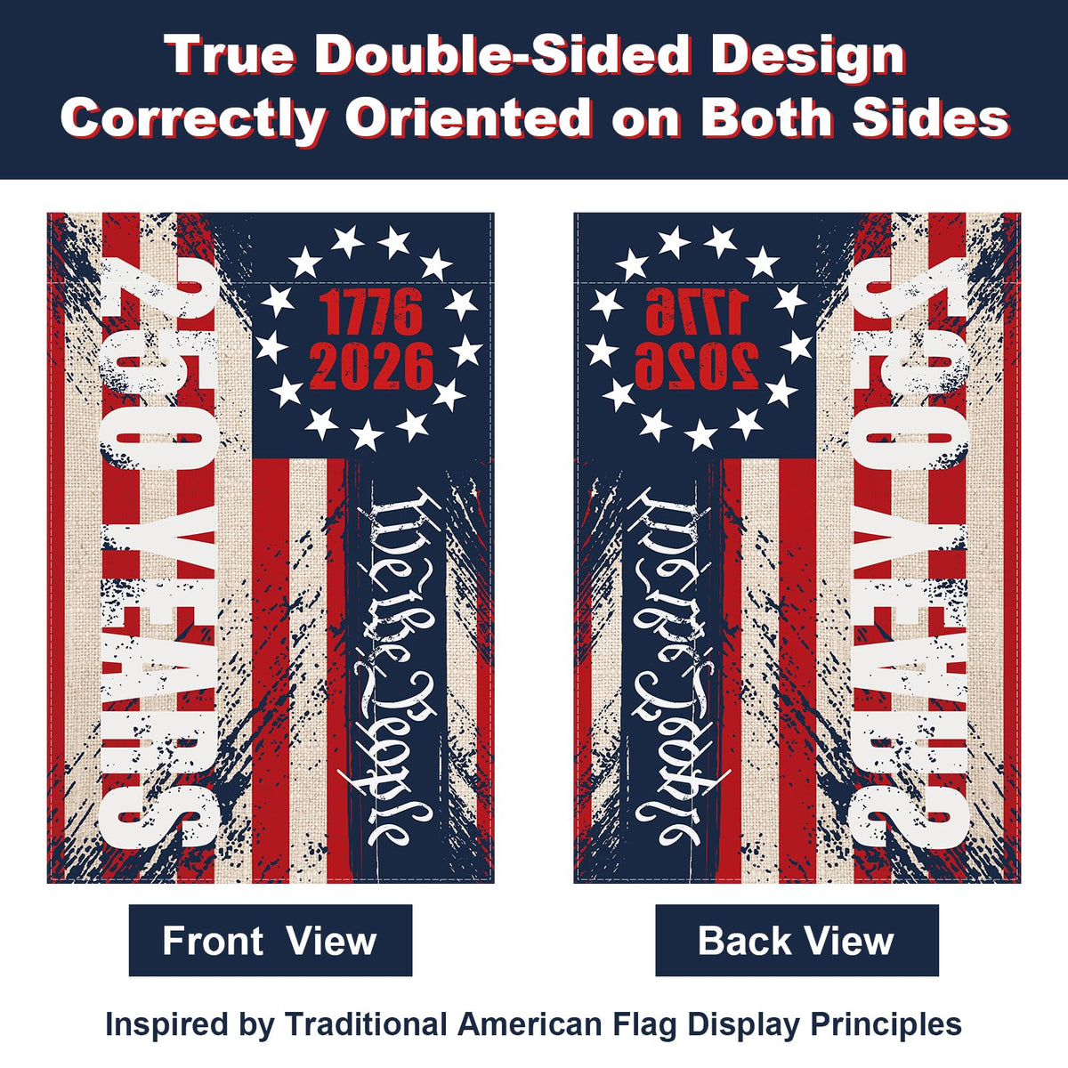 Eveqora 250th anniversary flag close-up highlights the distressed vintage look.