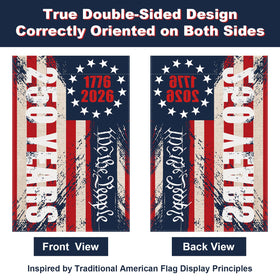 Eveqora 250th anniversary flag close-up highlights the distressed vintage look.