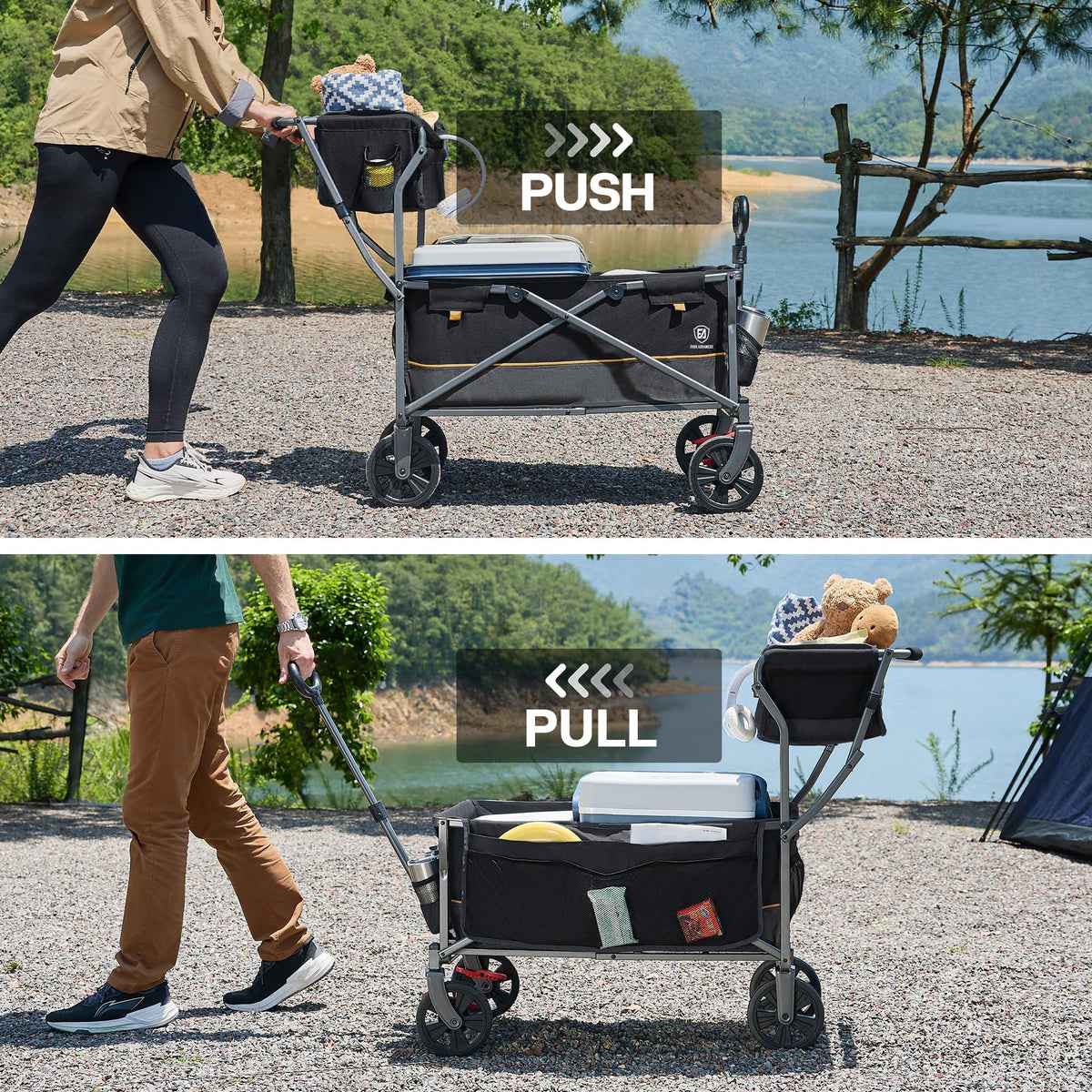 EVER ADVANCED cart features an integrated basket on the handle for essentials.