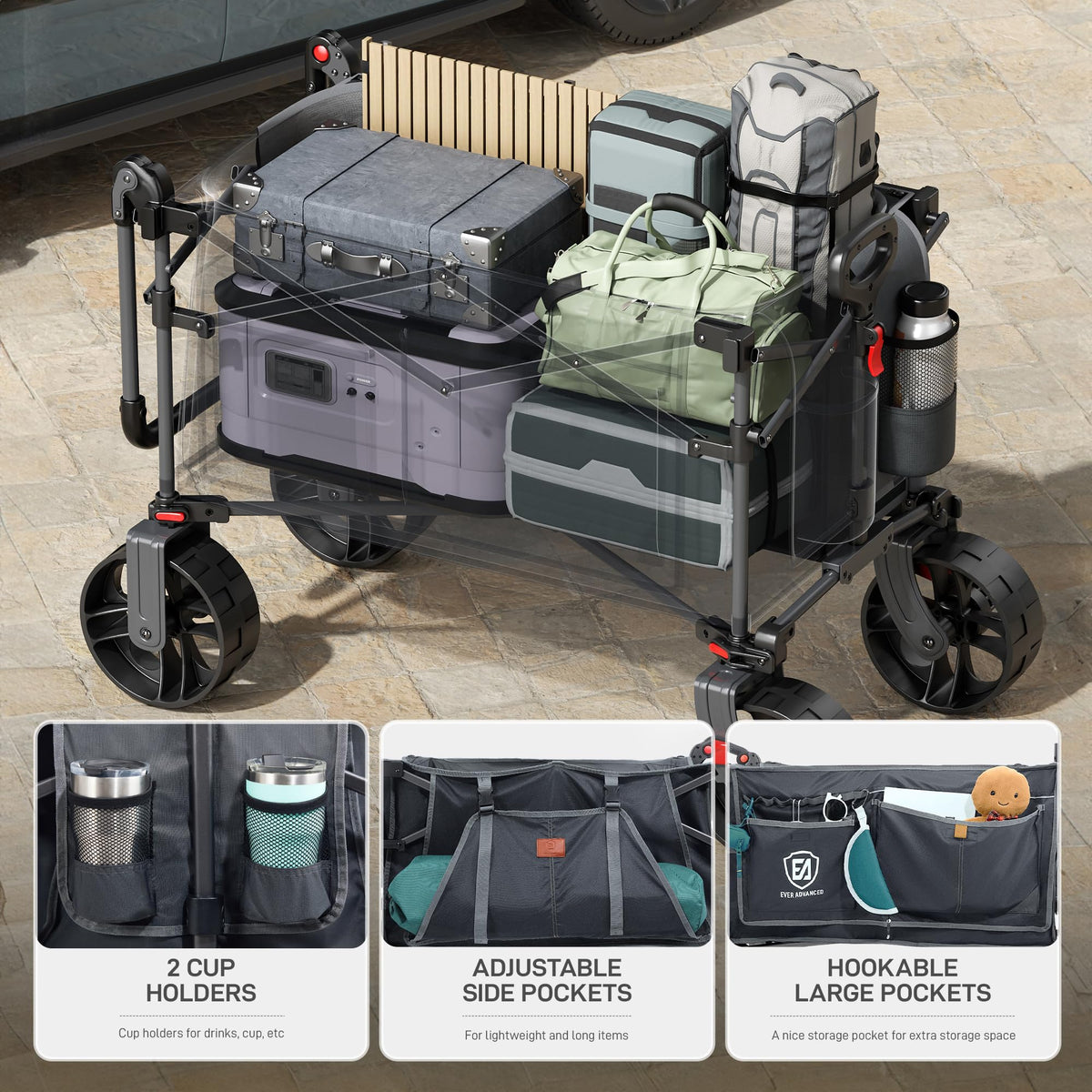 EVER ADVANCED wagon with wide storage and pockets for gear and snacks.