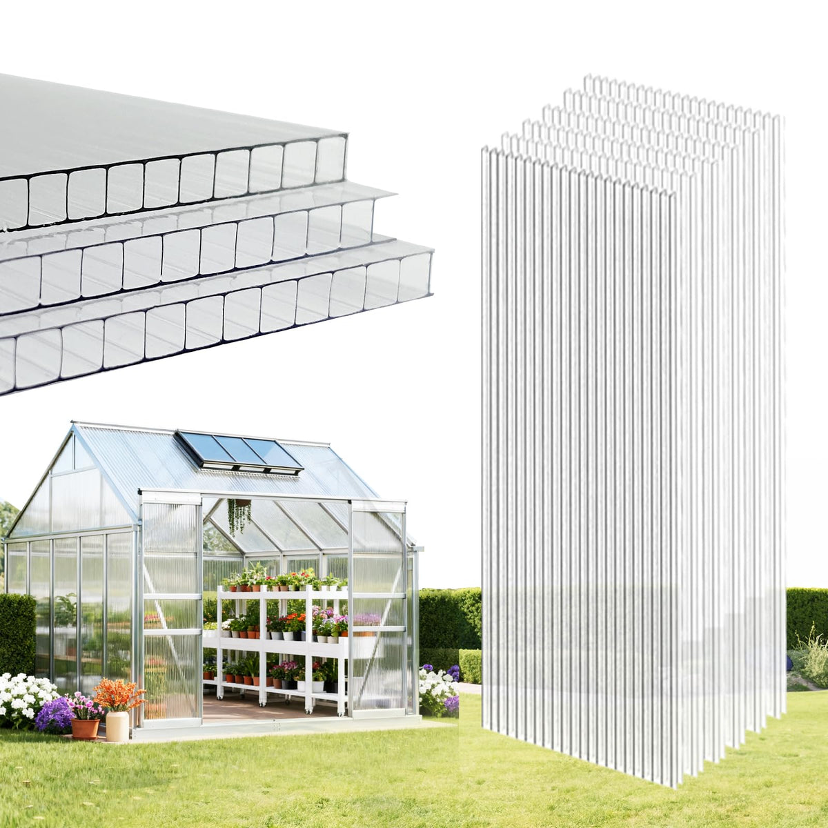 EVERECO greenhouse panels front view showing high light transmission for thriving plants.