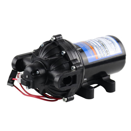 Everflo 12V on-demand diaphragm pump front view with quick attach ports for easy setup.