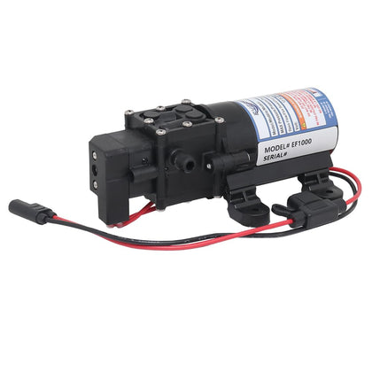 Everflo 12V on-demand diaphragm pump top view for easy mounting and setup.
