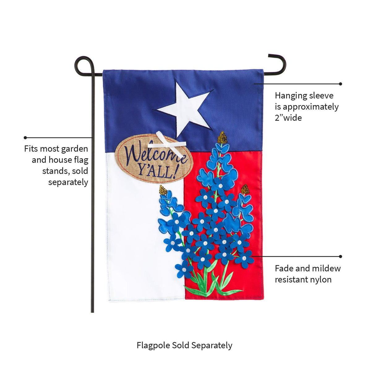 Evergreen Flag bluebonnet bouquet detail adds Texas-themed focal point to yard