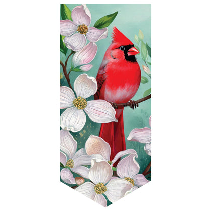 Evergreen Flag cardinal and dogwoods suede garden flag for outdoor display with fade-resistant colors.