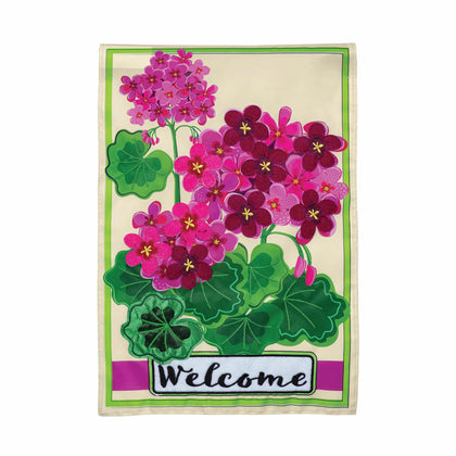 Evergreen Flag pink geranium welcome flag 12x18 boosts outdoor curb appeal.