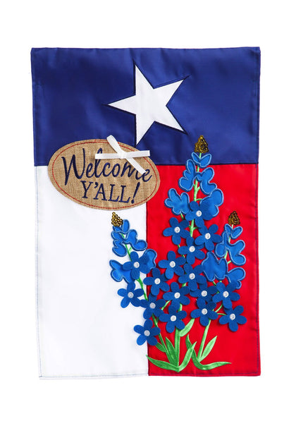 Evergreen Flag Texas bluebonnets applique flag fluttering in sun for curbside charm