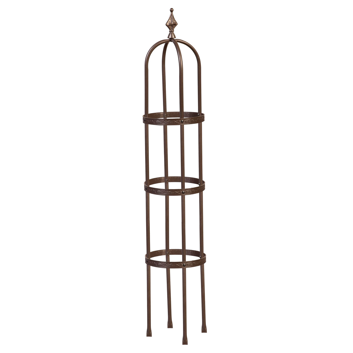 Evergreen Garden 5 ft obelisk trellis front view with bronze finish showing floral accents