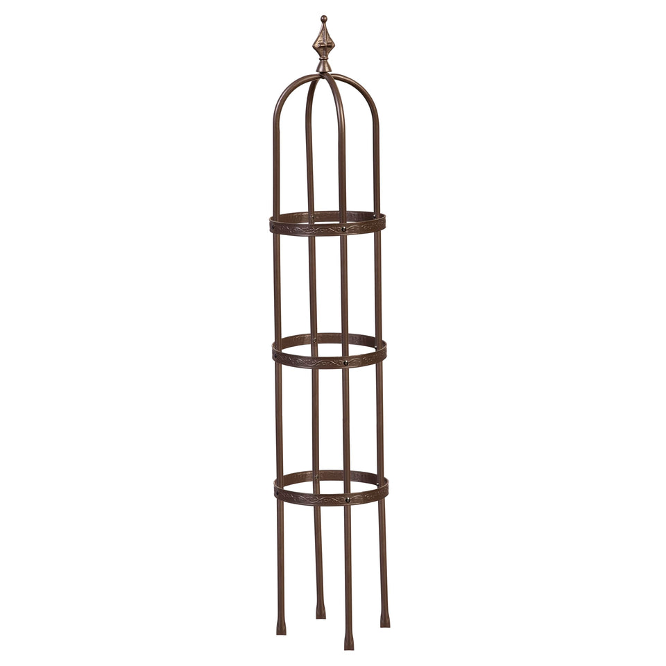 Evergreen Garden 5 ft obelisk trellis front view with bronze finish showing floral accents