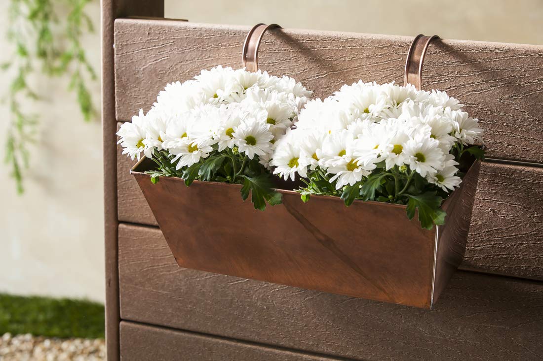 Evergreen Garden antique copper planter, back view, durable decor ideal for gardens