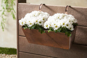 Evergreen Garden antique copper planter, back view, durable decor ideal for gardens