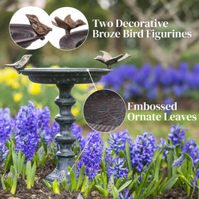 Bronze bird figurines on Evergreen Garden bird bath rim invite visitors