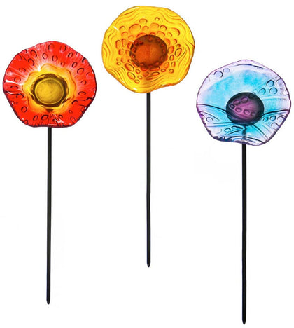 Evergreen Garden whimsical glass plant picks with red-yellow flowers for outdoor beds.