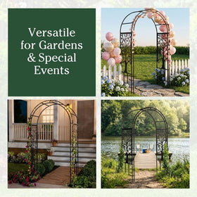 Evergreen ground-stakes ensure stability for temporary arch setups at events.