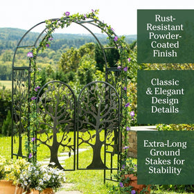 Evergreen arch closeup showing rustproof hardware and powder-coated finish for lasting outdoor use.